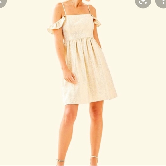 NWT Lilly Pulitzer Kariana Gold Silk Off-The-Shoulder Dress size 6 - Picture 2 of 13